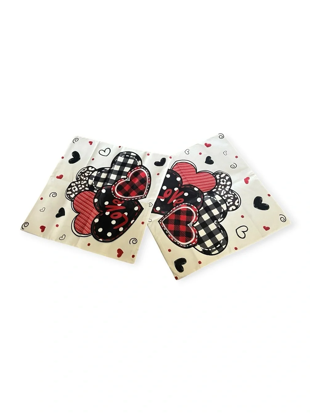 NWT! Set of 2 Hearts on Canvas Decorative Throw Pillow Covers- White, Red &Black